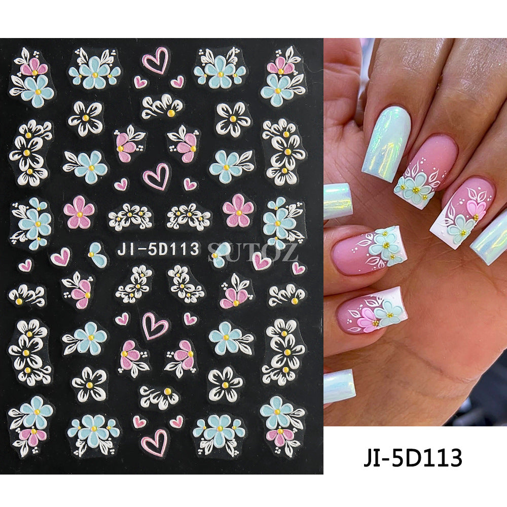 Fresh Three-dimensional Relief Five Petal Flower Butterfly Nail Stickers