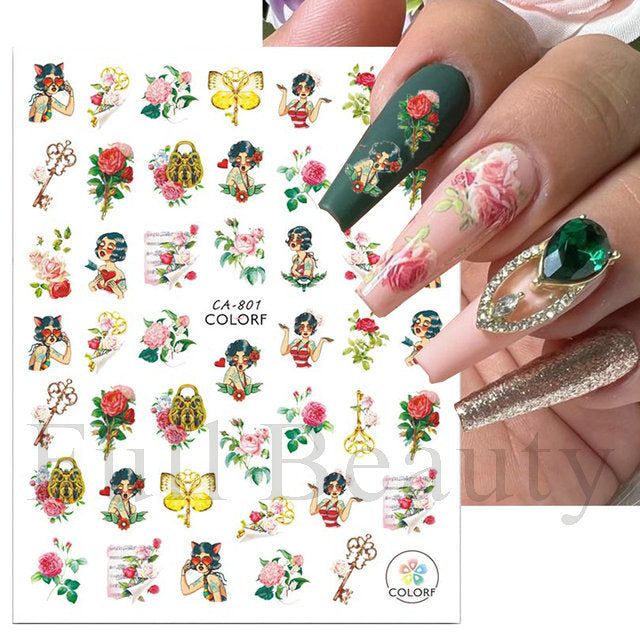 Glamorous Spring Rose Flower Tulip Adhesive Nail Stickers