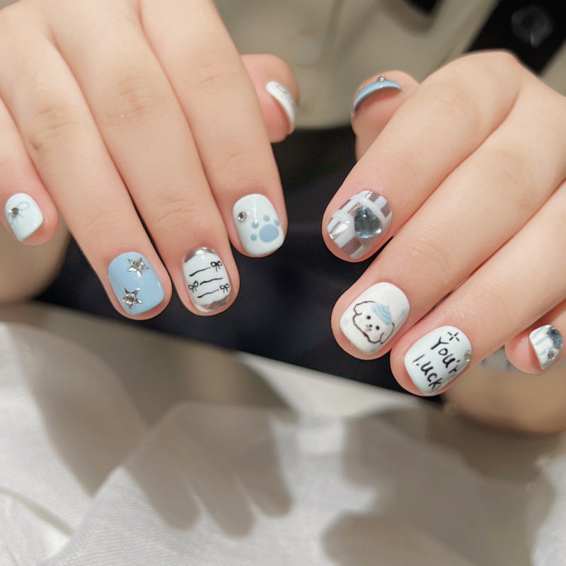 Blue White Color Jumping Hand Painted Iti Puppy Nail Stickers