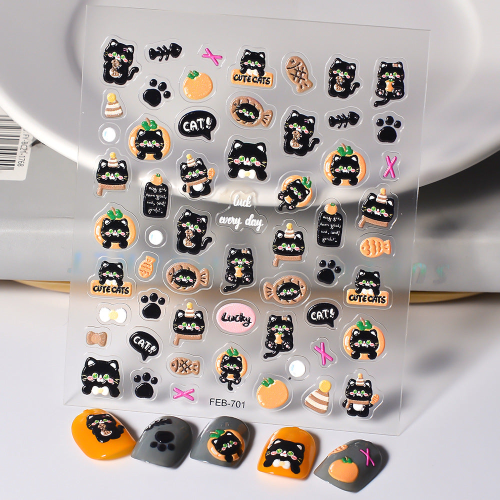 Black Cat Embossed Waterproof Moon Small Pattern Mobile Nail Stickers