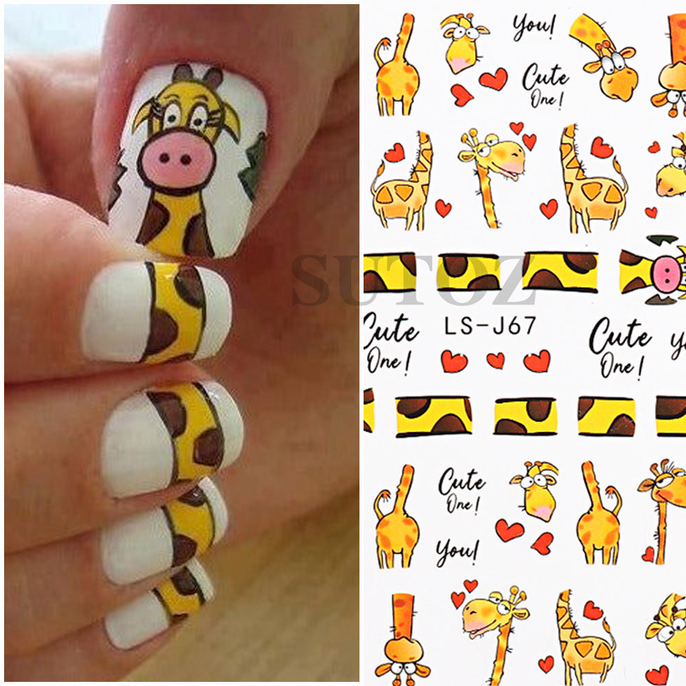 Autocollants pour ongles en forme de girafe mignonne et de gâteau aux biscuits à la pastèque