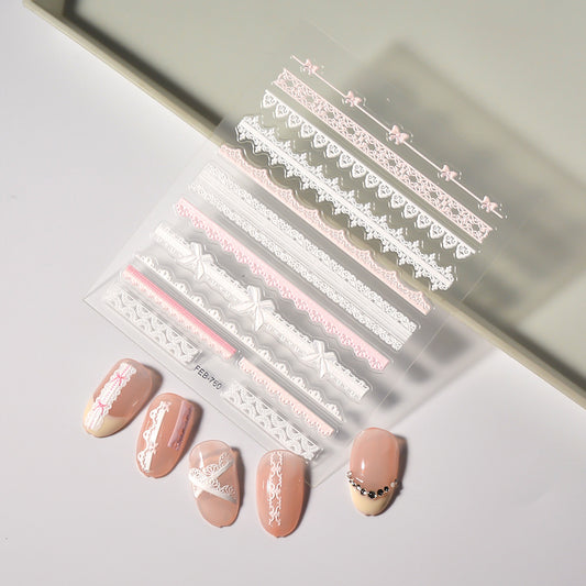 Autocollants pour ongles en papier gaufré tridimensionnel de style artisanal en dentelle rose