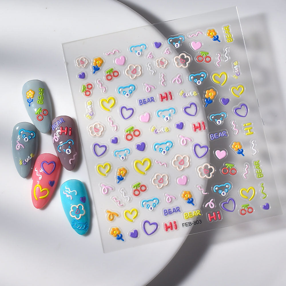 Autocollants pour ongles Love Fresh en trois dimensions transparents en relief avec motif ours