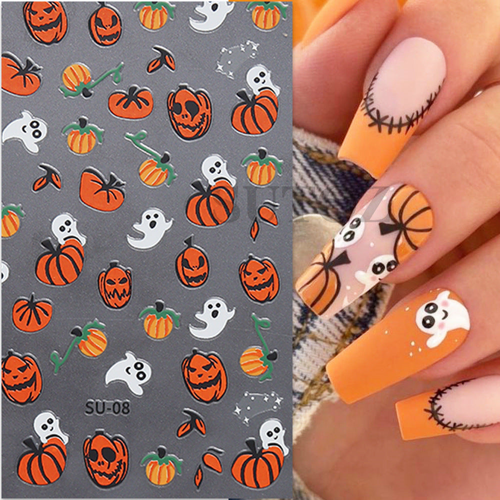 Hot Orange Pumpkin Black Spider Ghost Nail Stickers