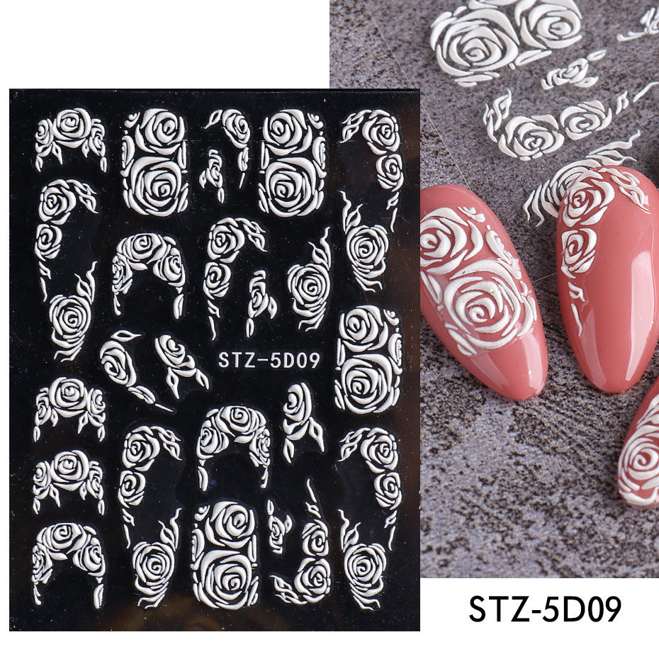 Autocollants pour ongles en relief avec motif de rose sculpté en trois dimensions