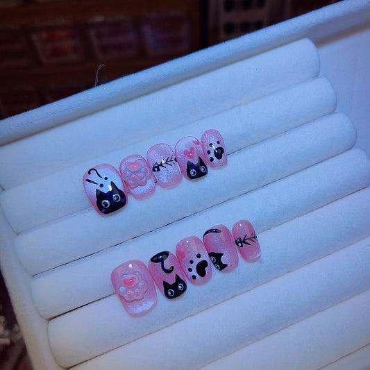 Pink Fluorescent Black Cat Handmade Wear Bow Nail Stickers