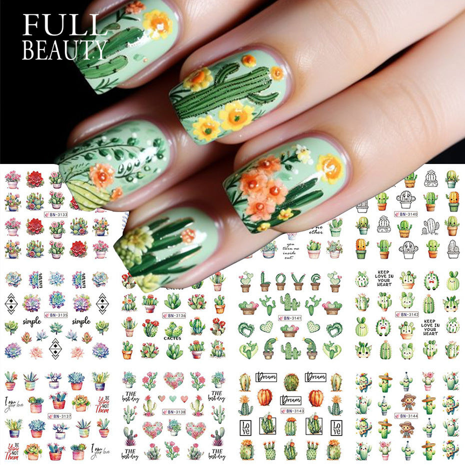 Autocollants pour ongles avec impression à l'eau de beauté, cactus, plantes succulentes