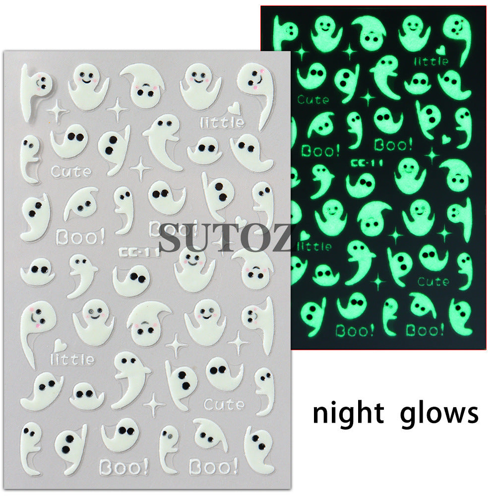 Halloween Glitter Luminous Spider Web Ghost Nail Stickers