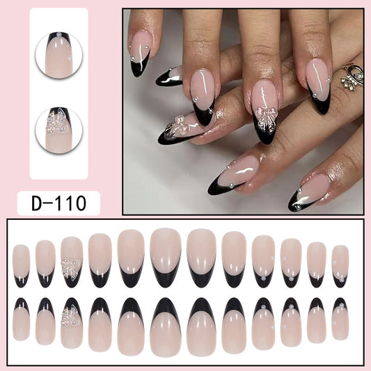 Almond Black French Edge Diamond Butterfly In Nail Art