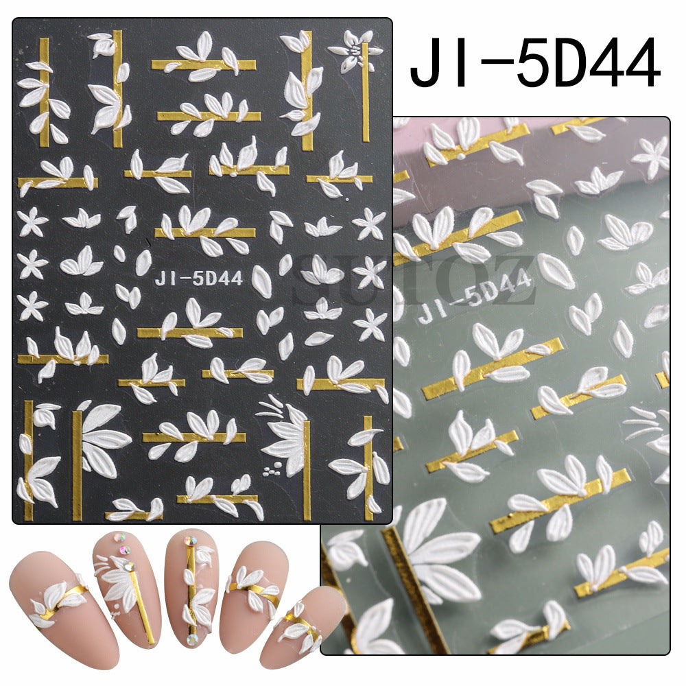 Embossed Style Simple White Flower Penh Nail Stickers