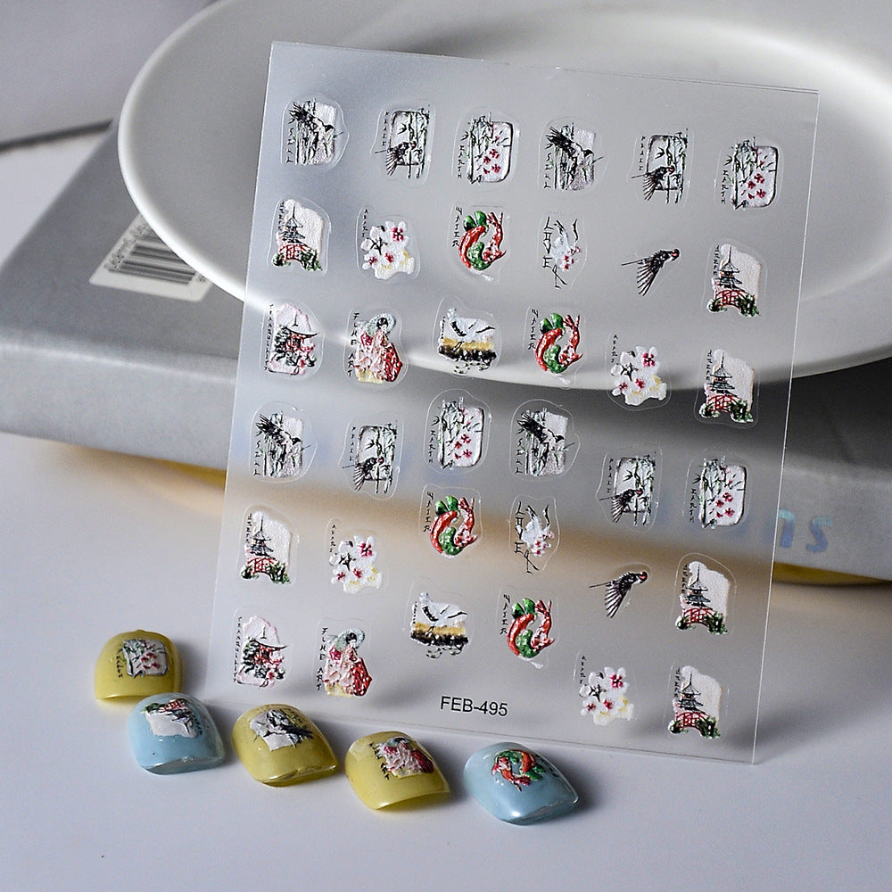 Cute Stamp Embossed Color Block Shaped Piece Nail Stickers