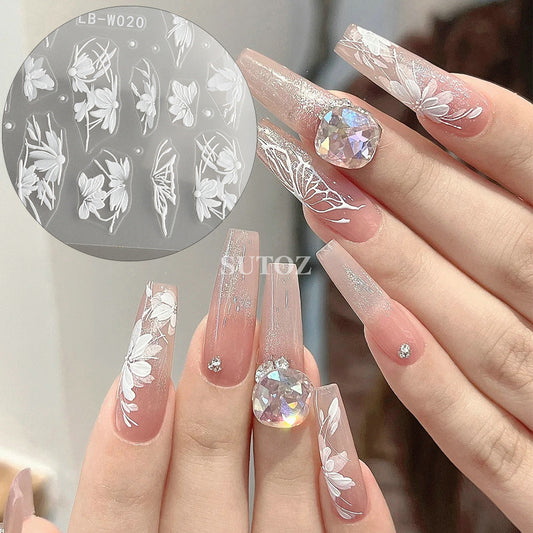 Popular Cool White Moonlight Rose Butterfly Nail Stickers