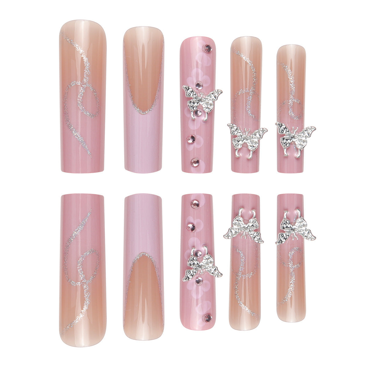 Faux ongles pailletés à porter avec des diamants en forme de fleur rose dans le nail art