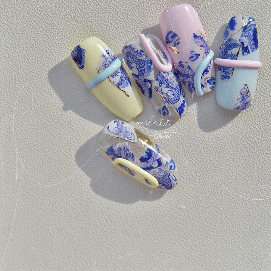 Bronzing No Loss Cooperation Retro Blue Nail Stickers