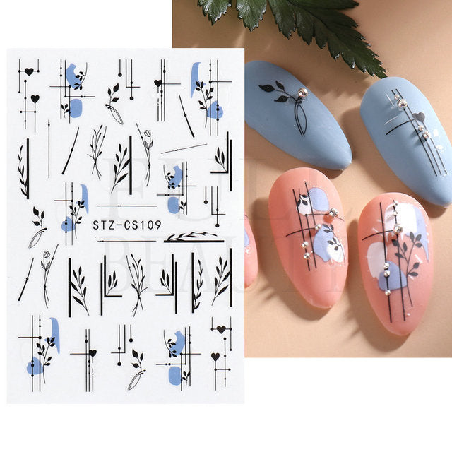 Fresh Flowers Plants Natural Butterfly Lines Facial Nail Stickers