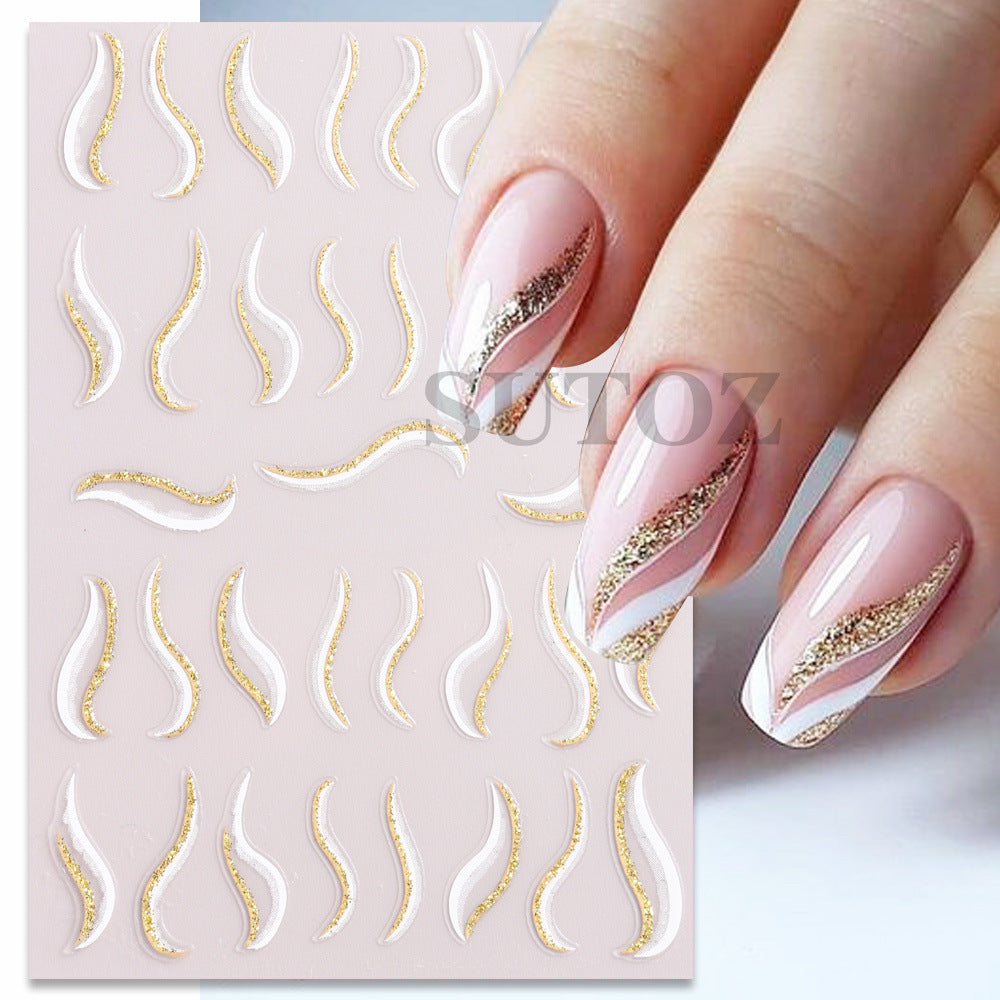 French Glitter Line Feather Back Glue Nail Stickers