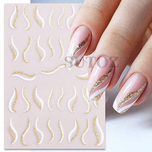 French Glitter Line Feather Back Glue Nail Stickers