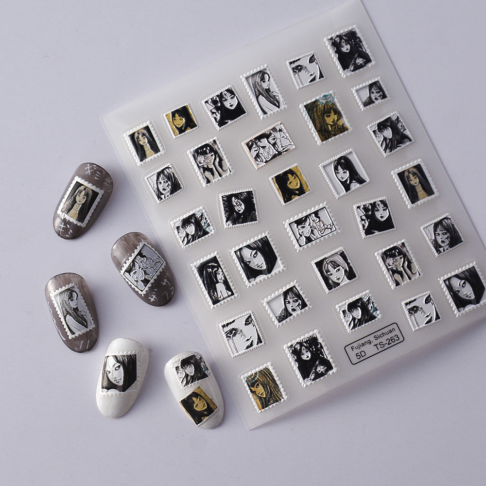 Cute Stamp Embossed Color Block Shaped Piece Nail Stickers