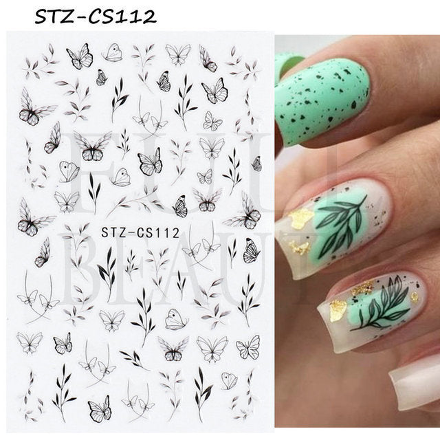 Fresh Flowers Plants Natural Butterfly Lines Facial Nail Stickers