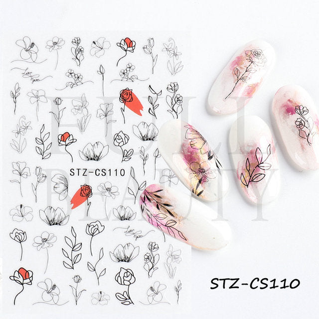 Fresh Flowers Plants Natural Butterfly Lines Facial Nail Stickers