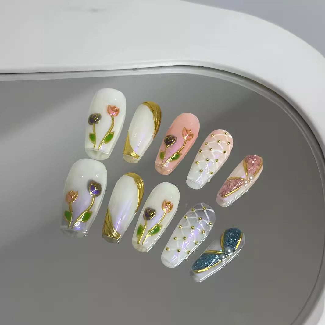 Handmade Wear Hand Painted Tulip Style Therapy Three-dimensional Nail Stickers