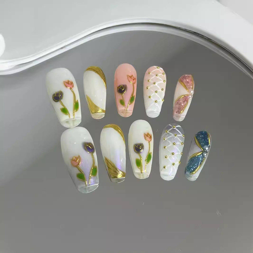 Handmade Wear Hand Painted Tulip Style Therapy Three-dimensional Nail Stickers