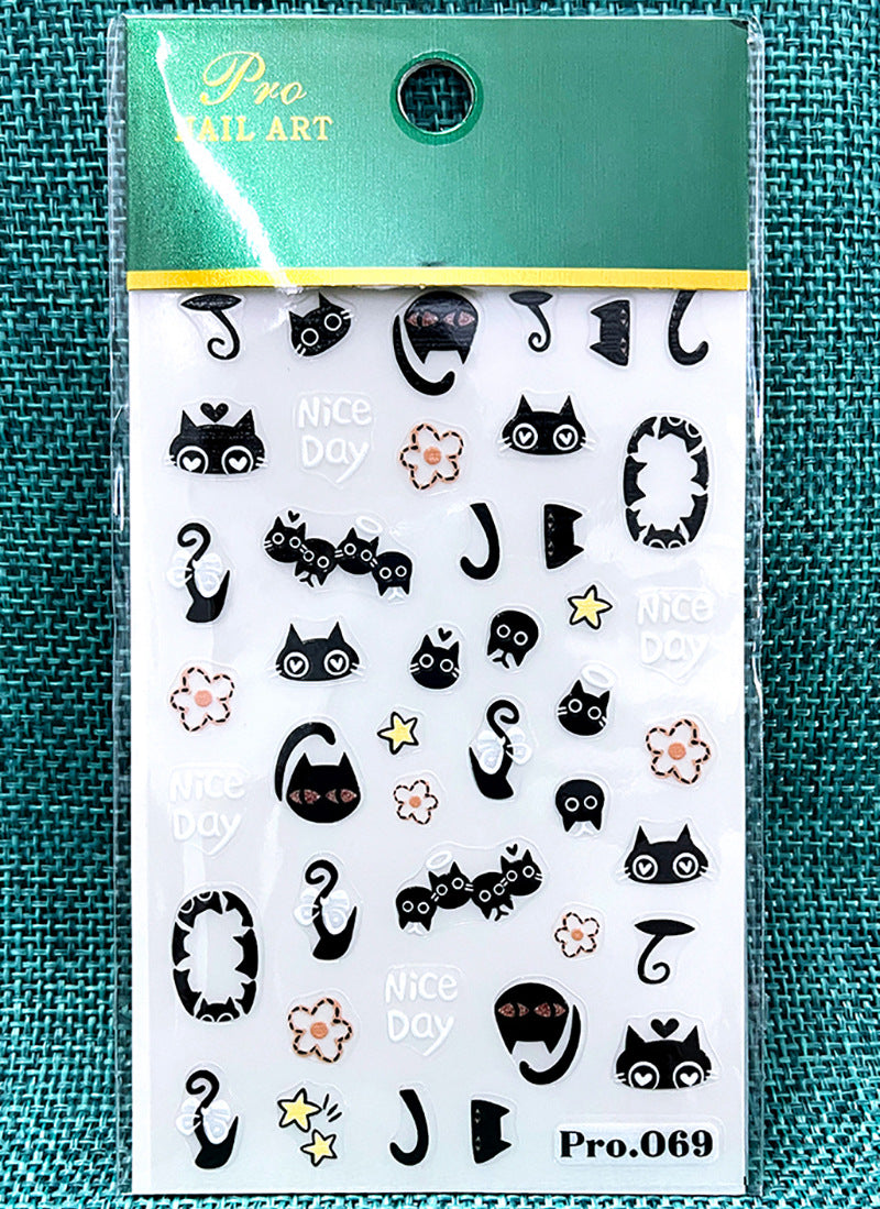 Autocollants pour ongles en forme de tête de mort et de fantôme avec chat noir et dessin animé