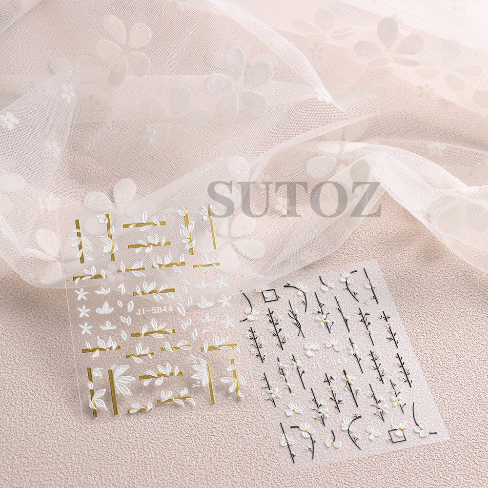 Embossed Style Simple White Flower Penh Nail Stickers