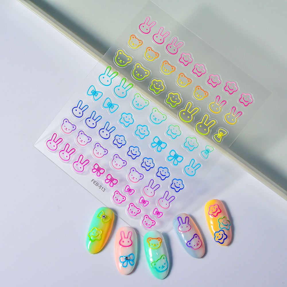 Gradient Hollow Bear Embossed White Cute Nail Stickers