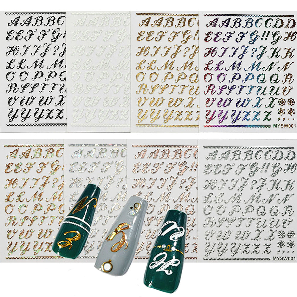 Oversized Letter Laser Gold Sier Colored Nail Stickers