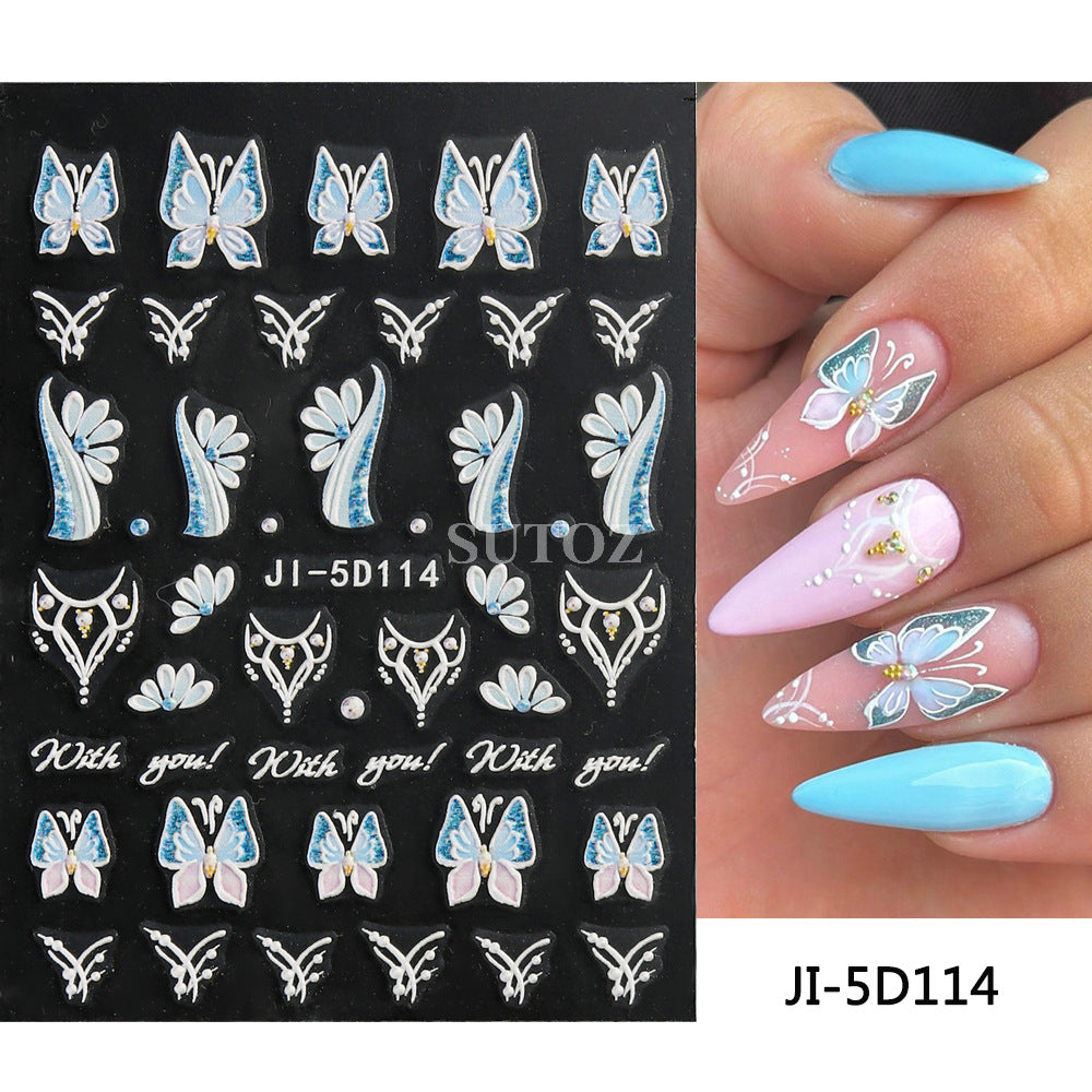 Fresh Three-dimensional Relief Five Petal Flower Butterfly Nail Stickers