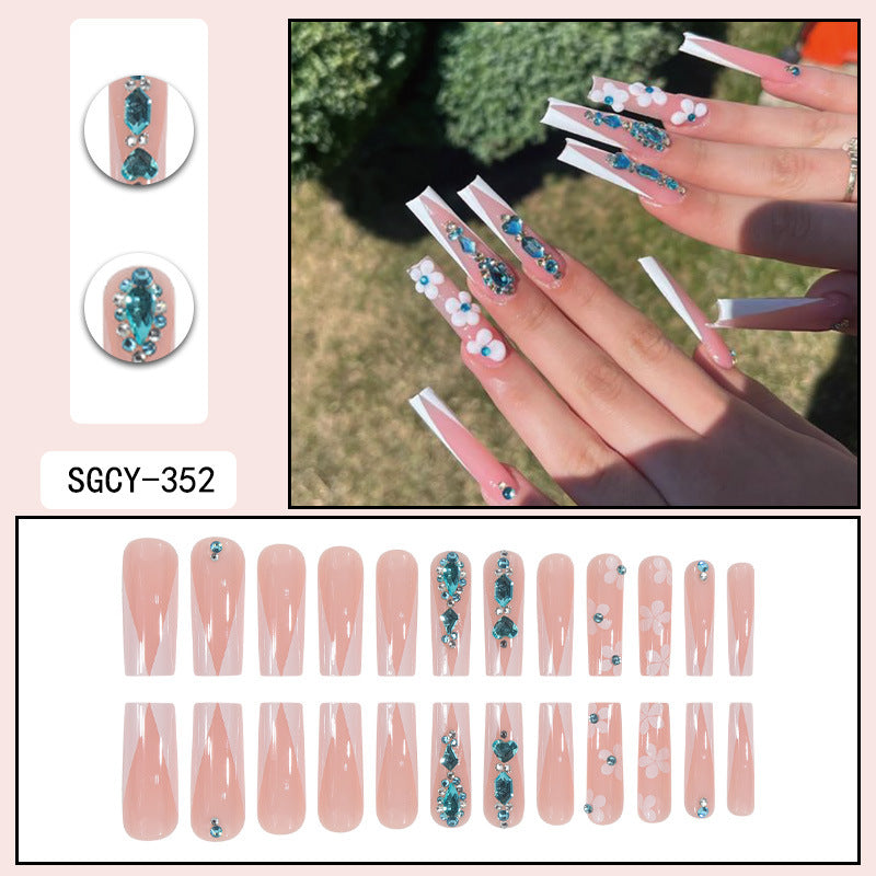 Wear Piece French Long Shiny Diamond Flowers Nail Art