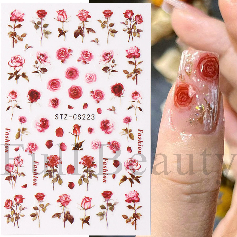 Red Rose Smudges Back Glue Flower Nail Stickers