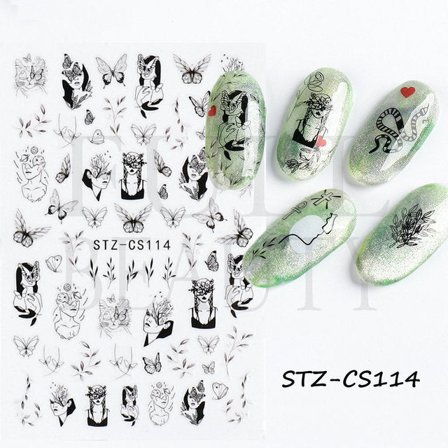 Fresh Flowers Plants Natural Butterfly Lines Facial Nail Stickers