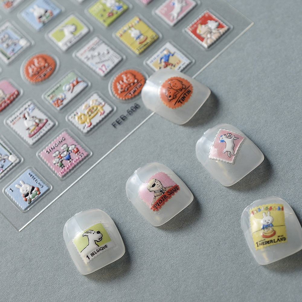 Cute Stamp Embossed Color Block Shaped Piece Nail Stickers