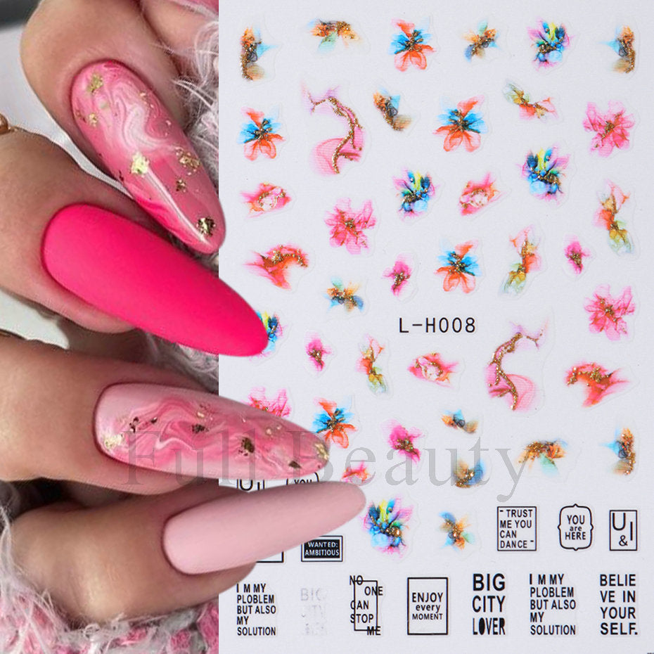 Purple Marble Texture Wave Butterfly Flower Nail Stickers