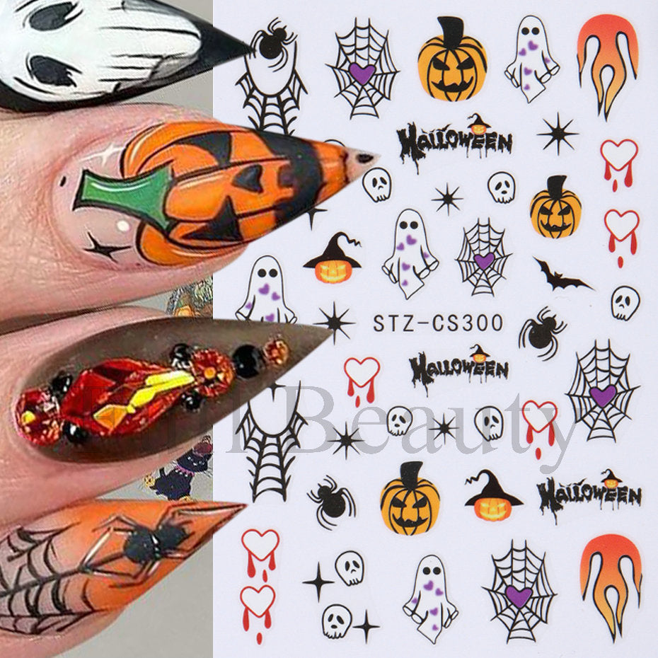 Halloween Pumpkin Love Heart Spider Web Nail Stickers