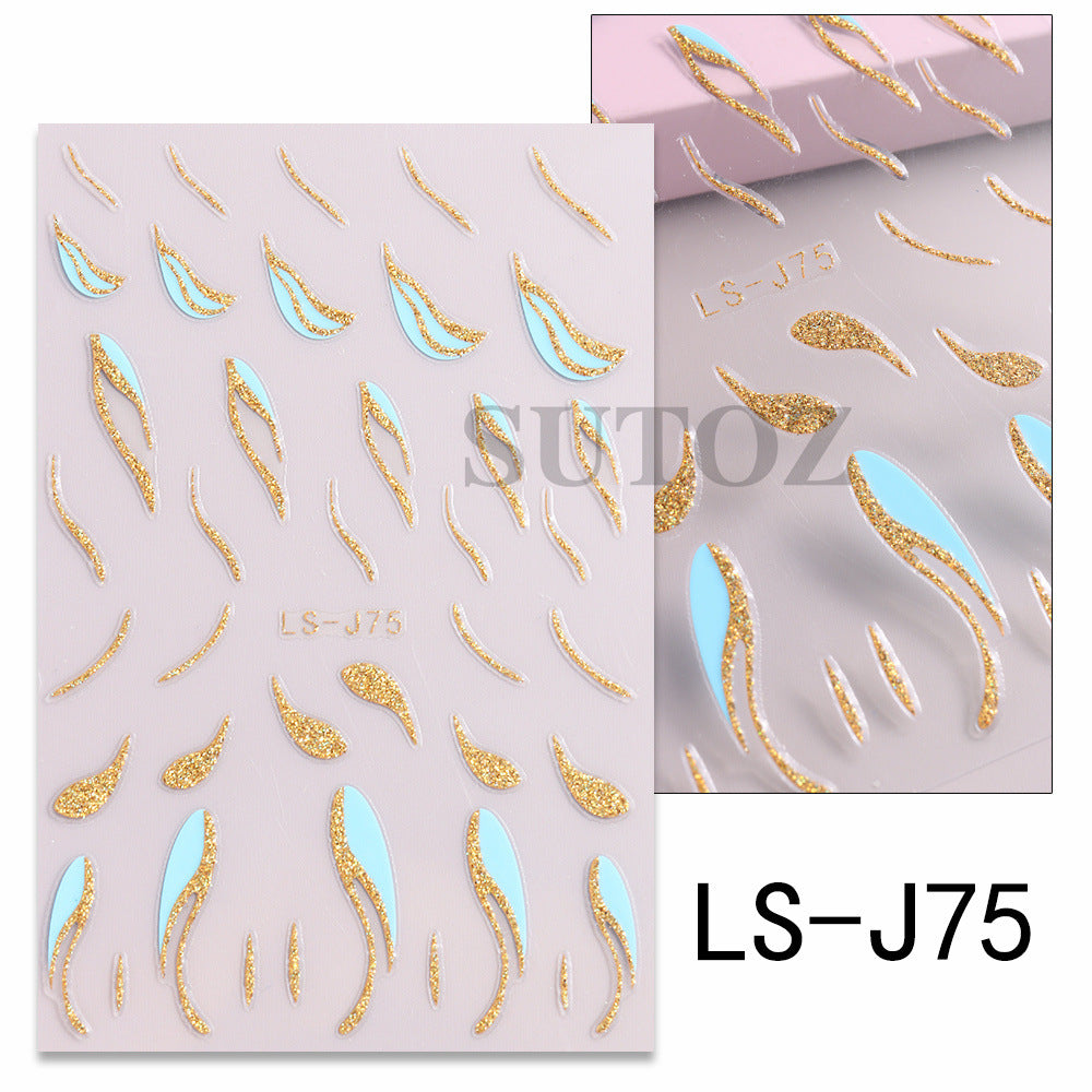 French Glitter Line Feather Back Glue Nail Stickers