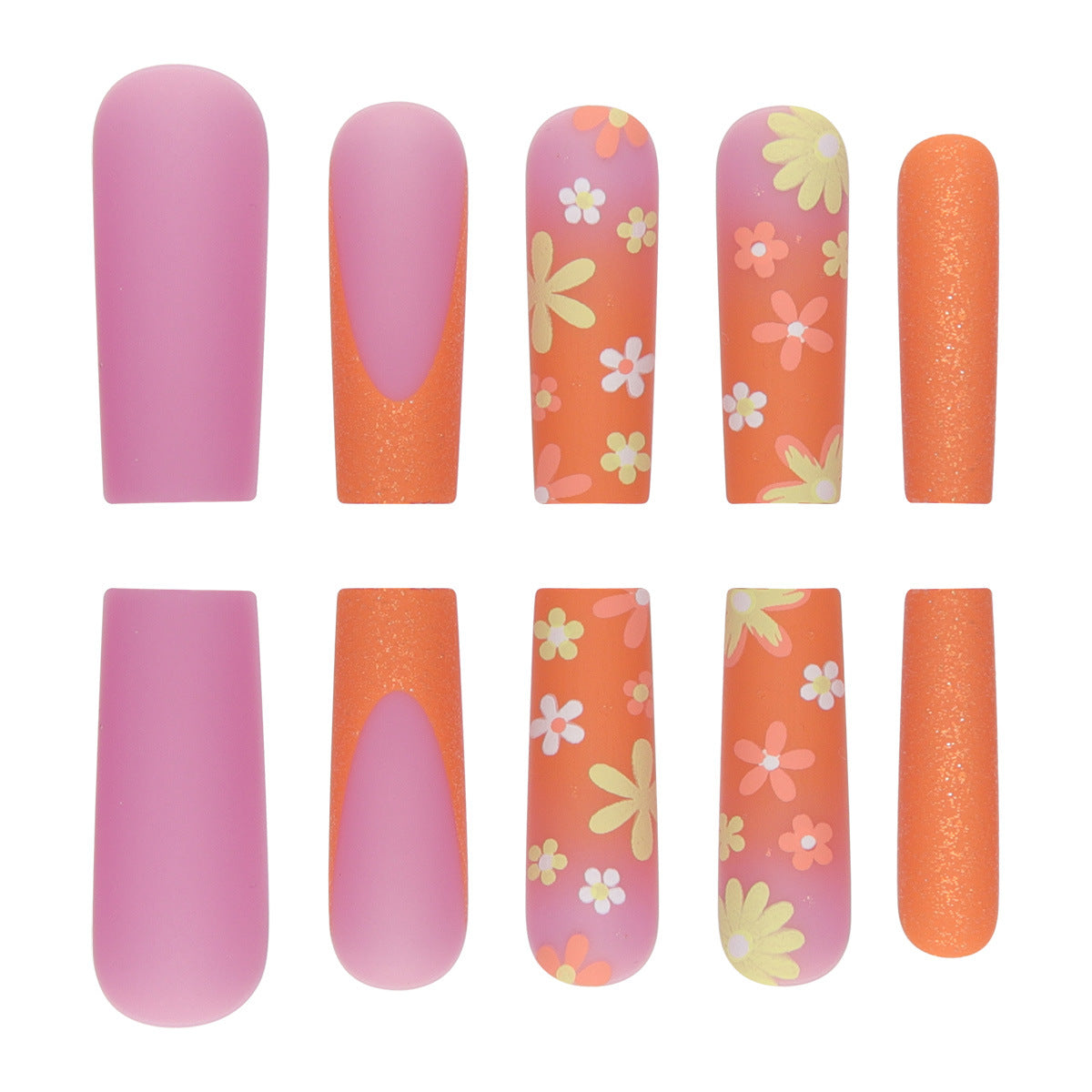 Manucure française mate orange avec patch de petites fleurs colorées et nail art fini