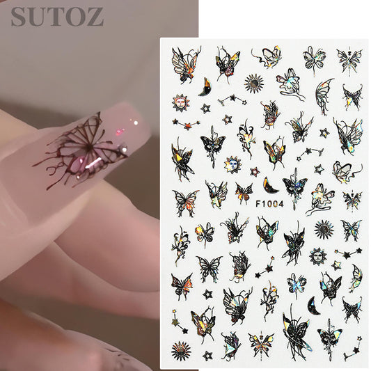 Autocollants pour ongles Aurora Butterfly noir, blanc et rose