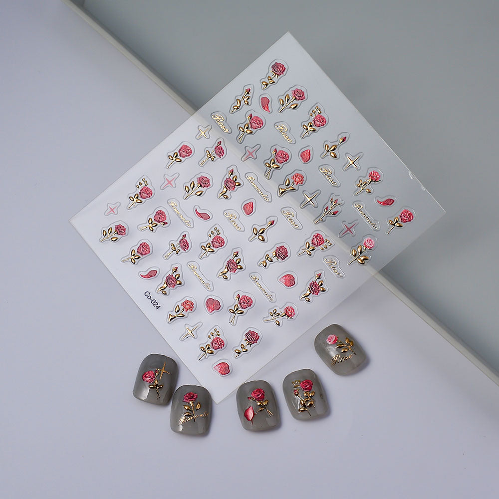 Relief Rose Hot Gold Sier Three-dimensional Nail Stickers