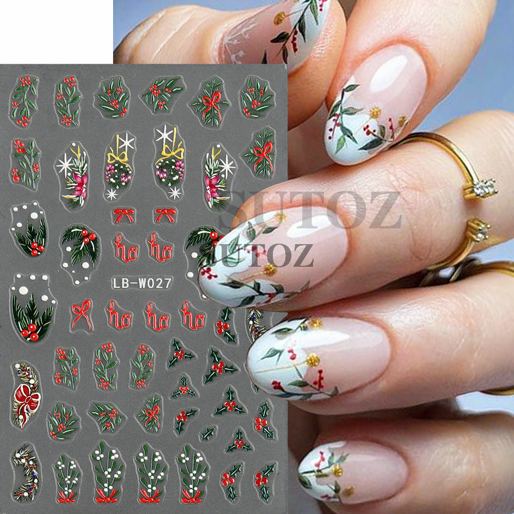 Autocollants pour micro-ongles motif arbre d'hiver, élan, feuille verte