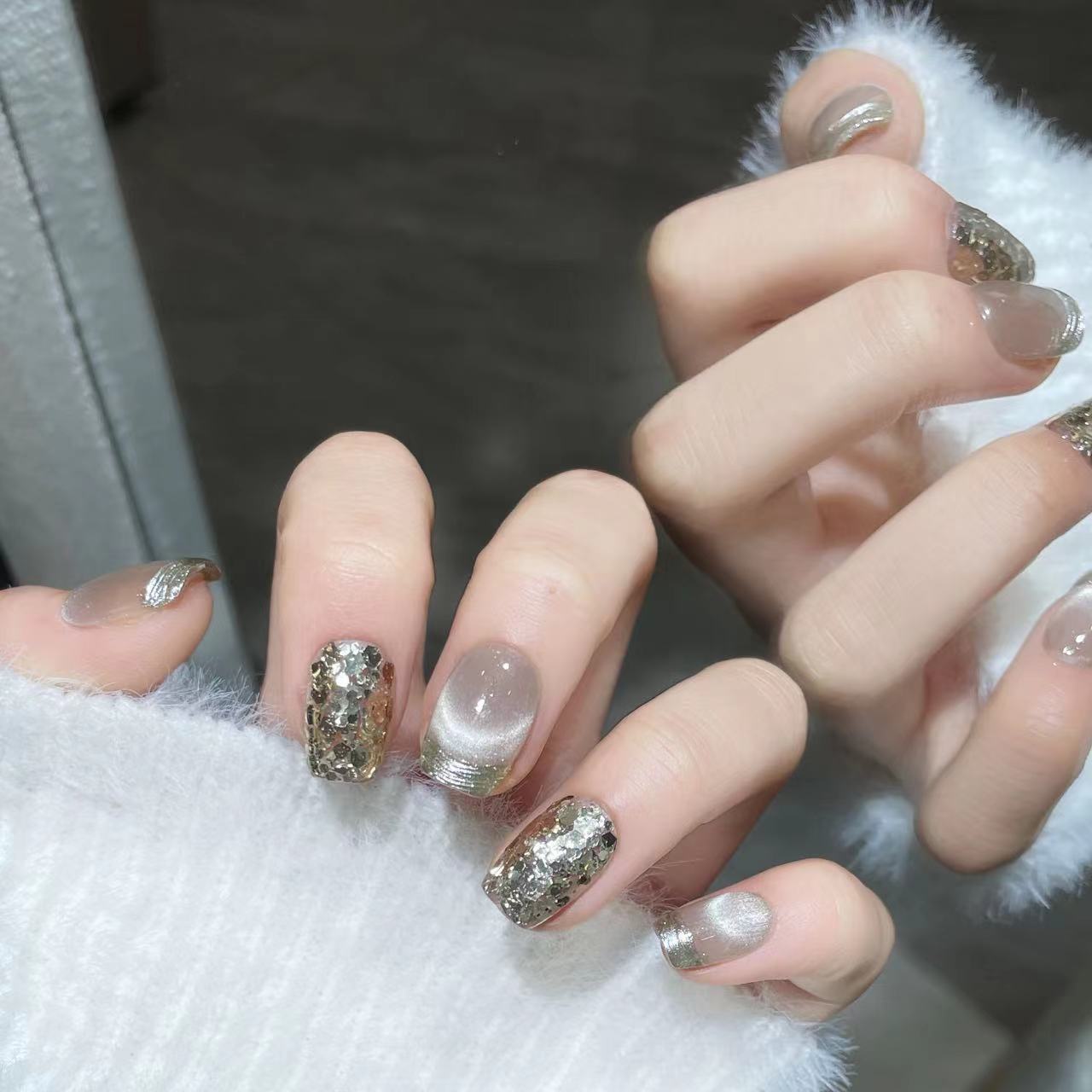 Handmade Wear White Milky Champagne Gold Nail Stickers