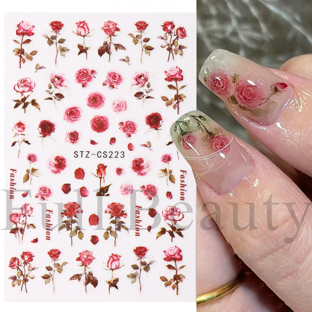 Red Rose Smudges Back Glue Flower Nail Stickers