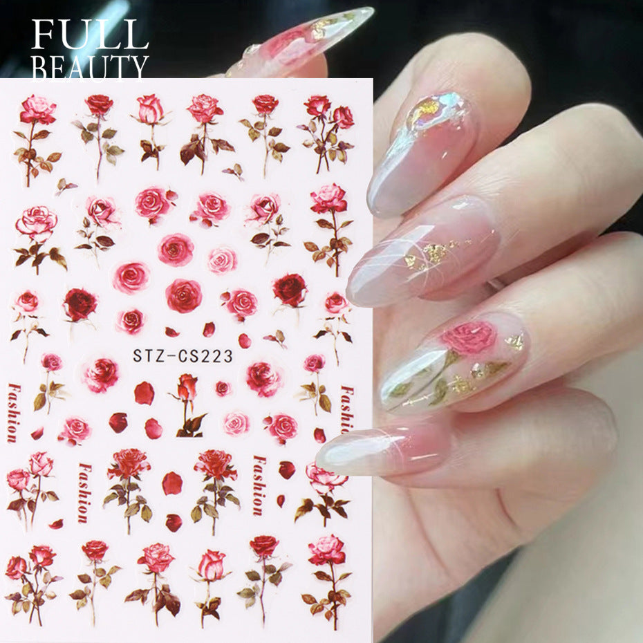 Red Rose Smudges Back Glue Flower Nail Stickers