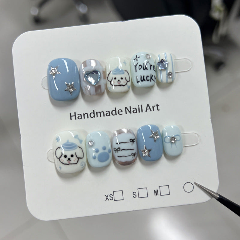 Blue White Color Jumping Hand Painted Iti Puppy Nail Stickers