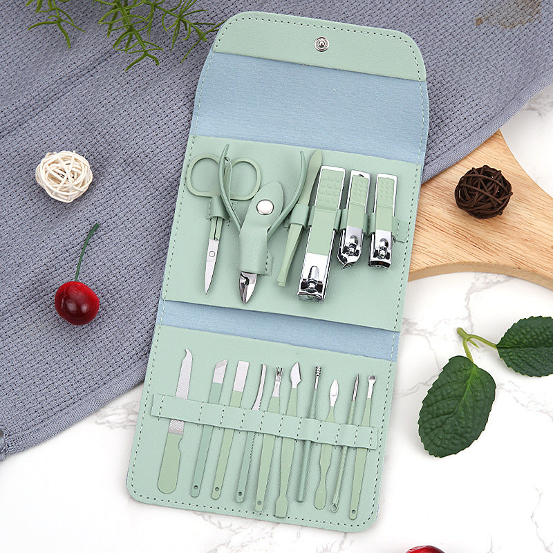 Ensemble de ciseaux de manucure et d'outils pour ongles avec sac pliable vert