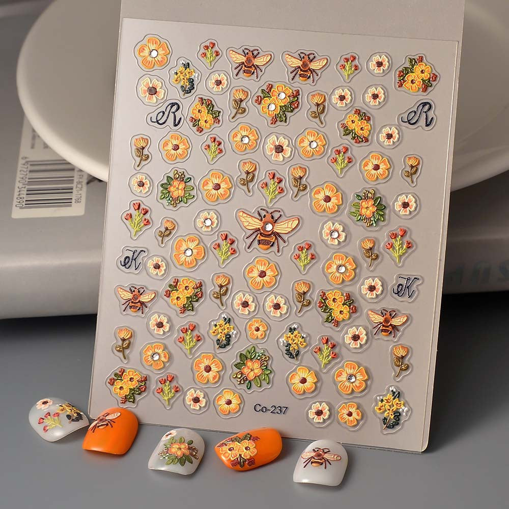 Embroidery Flower Little Yellow Bee Three-dimensional Nail Stickers