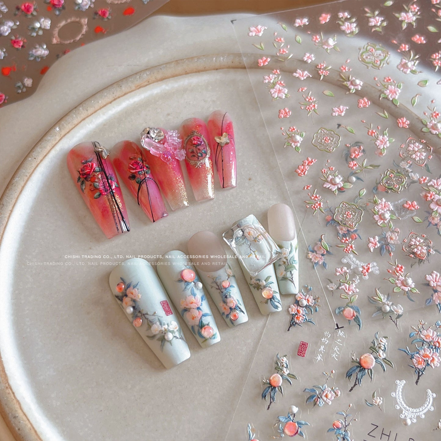 Pearl Peach Blossom Chinese Pink Green Nail Stickers