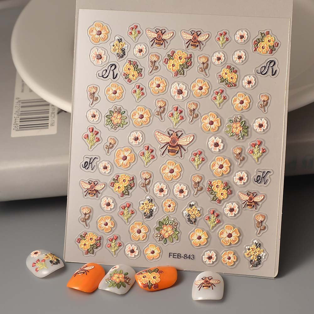 Embroidery Flower Little Yellow Bee Three-dimensional Nail Stickers